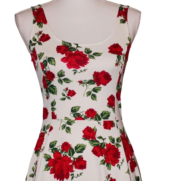 H&M Divided White w/ Red Rose Print Scoop Back Fit & Flare Skater Dress, Size 6 - Picture 2 of 16